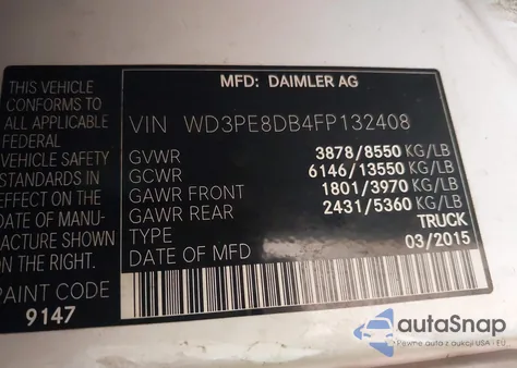 2015 Mercedes-Benz Sprinter 2500 High Roof из США, поврежденный, VIN WD3PE8DB4FP132408